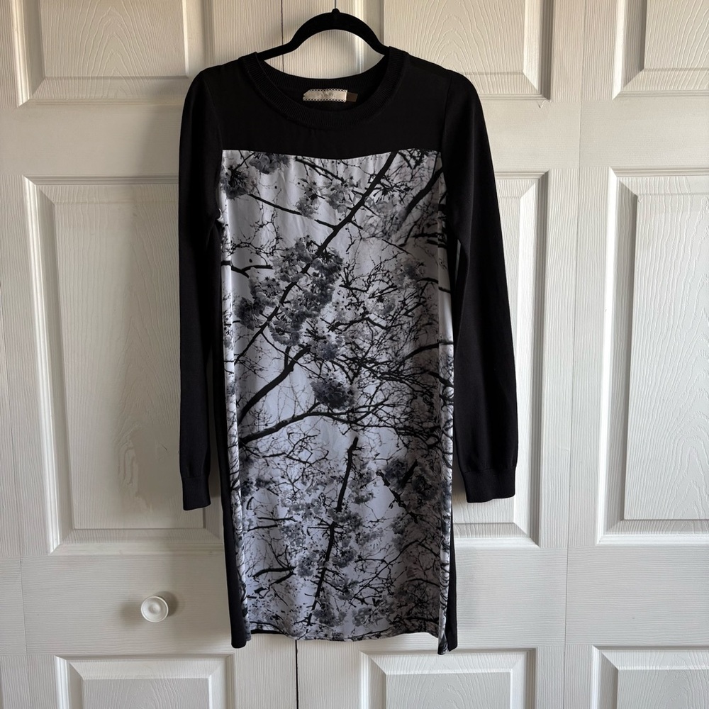 Cluny Black White Cherry Blossom‎ Tree Knit Dress Silk Cotton Career Office M